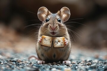 Wall Mural - A rodent with whiskers is nibbling on cheese with holes, a small animal food