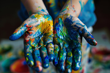 The hands are covered in paint and are being held up in the air