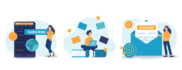 Wall Mural - E-mail marketing and promotion illustration set. Characters sending advertising mails and promotional offers with sales and discounts. Ecommerce business concept. Vector illustration