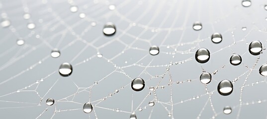 A Close-up of a Dew-Covered Spider Web with a White/Gray Backdrop