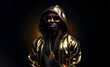Rapper wearing a golden jacket with hoodie and sunglusses. Portrait of a hip hop artist