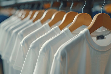 Row of white blank T-shirts hanging on hangers. Blank t-shirts for printing. T-shirt mockups for men and women. Generated by artificial intelligence