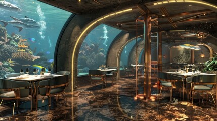 Wall Mural - A restaurant with a large aquarium in the background. The aquarium is filled with fish and other sea creatures. The restaurant has a modern and sophisticated atmosphere