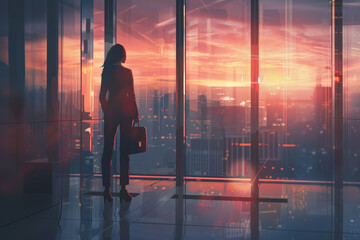 A woman standing in a modern office, looking out at the cityscape through the window