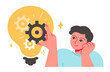 Lightbulb idea cogwheel. Implement business idea, development process, optimization