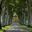 A majestic tree-lined path guiding towards a stately mansion symbolizing triumph and opulence, perfect for upscale branding.