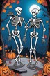 Two skeletons standing amidst fall foliage and jack-o'-lanterns on a Halloween night
