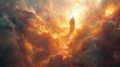 almighty god in the clouds. The resurrected Jesus Christ ascending to heaven above the bright light sky and clouds and God, Heaven and Second Coming concept