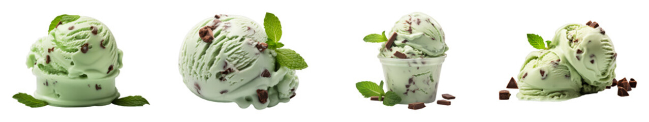 Wall Mural - Collection of Mint Chocolate Chip ice cream isolated on transparent png background. Generative ai