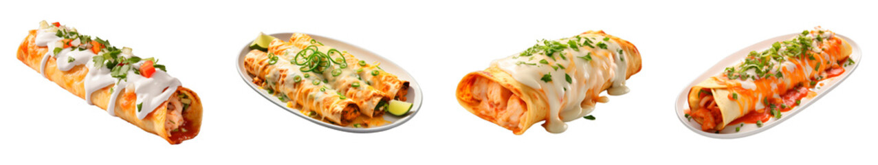 Wall Mural - Collection of Seafood Enchiladas isolated on transparent png background. Generative ai