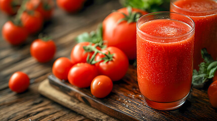 Glasses of fresh tomato juice and fresh tomatoes on wooden table