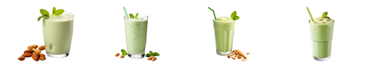 Wall Mural - Collection of Pistachio Smoothie isolated on transparent png background. Generative ai