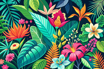 Wall Mural - Vibrant botanical illustrations of tropical flowers