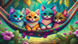 oil painted style cartoon character pattern of multicolored  kittens in a hammock