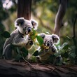 Koalas eating eucalyptus in the Australian forest.