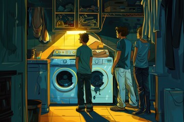 Two men standing in a kitchen next to a washing machine. Suitable for home appliance or lifestyle concepts