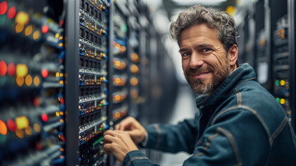 A man, an elektroniker, is diligently working on a server in a busy data center. Various wires, cables, and computer equipment surround him as he focuses on his tasks