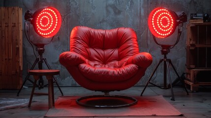 Wall Mural - A red chair sitting in front of two lights on a stage, AI