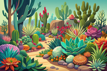 A colorful succulent garden with a diverse array of drought-resistant plants, showcasing the beauty and resilience of desert flora