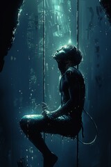 Wall Mural - A man sitting on a swing in the dark with his head underwater, AI