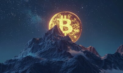 Wall Mural - 3D illustration of the bitcoin logo on top of the moon the mountain