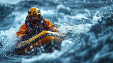 Canvas Print - A man in a yellow life jacket riding on top of waves, AI