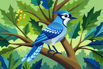 A blue jay darting through the branches of an oak tree