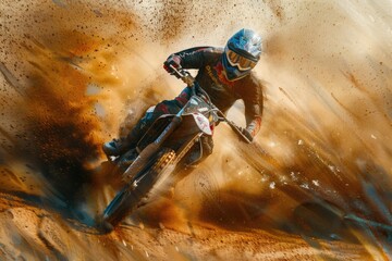 Poster - A man riding a dirt bike on a dirt track. Suitable for sports and outdoor activities concept