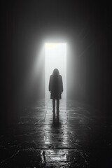 Poster - A man in a black coat standing at the end of an empty hallway, AI