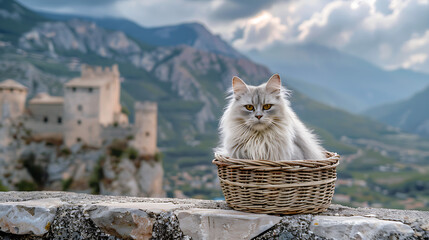 Wall Mural - A fluffy cat sits gracefully in a woven basket, framed against the backdrop of an ancient stone castle and majestic mountains