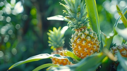 Sticker - Vibrant Pineapple Growing in Sunlit Tropical Garden. Juicy Exotic Fruit in Natural Habitat. Freshness of Nature in a Photo. Lush Foliage Surrounding Ripe Pineapple. AI