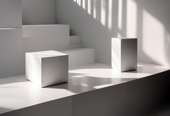 Wall Mural - 'white showcase space sunlight perspective shadow goods geometric bags podiums cosmetic products wat