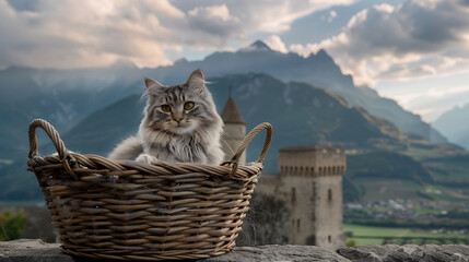 Wall Mural - A fluffy cat sits gracefully in a woven basket, framed against the backdrop of an ancient stone castle and majestic mountains