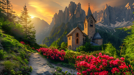 Wall Mural - A charming stone church stands prominently in the foreground, nestled amidst lush greenery. Its pointed roof and steeple add to its quaint charm