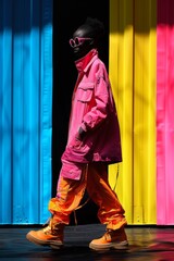 Canvas Print - A person walking down a street in colorful clothing, AI