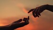 Finger Touching hands, silhouette of Hands in sky, couple feels love. Gentle touch with fingers of hands in sunset. Reunion of loved ones, family happiness. Hands touching each other. People together