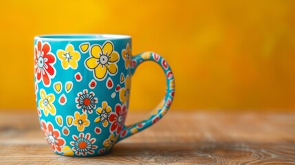 Wall Mural - Blank mockup of a colorful patterned coffee mug with a handdrawn design ideal for a quirky and artistic vibe. .