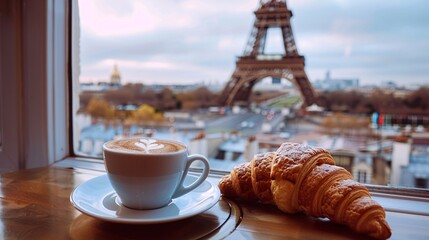 Wall Mural - A cup of coffee and croissant on the table in front of the eiffel tower