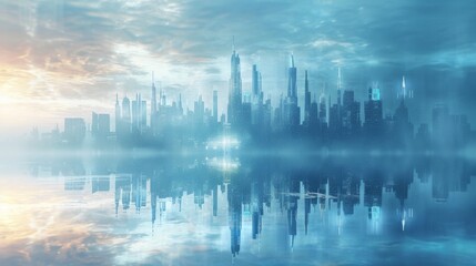 Canvas Print - A city skyline in the distance with a reflection of water, AI