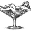 smiling pin up girl in martini glass, reminiscent of classic 1950s style sketch engraving generative ai fictional character vector illustration. Scratch board imitation. Black and white image.