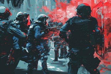 A painting depicting a group of people wearing riot gear. Suitable for illustrating protests or law enforcement themes