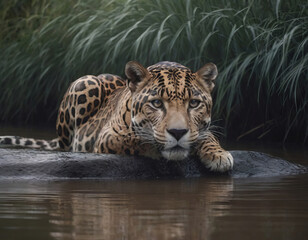 Canvas Print - AI generated illustration of A breathtaking close-up portrait of a jaguar