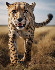 Canvas Print - A vivid portrayal of a cheetah in mid-stride across the golden grasses of the savannah