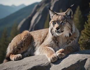 Canvas Print - AI generated illustration of a lynx resting on a rugged rock against a blurred backdrop