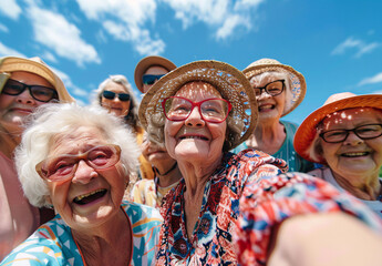 A group of happy elderly people taking a selfie outdoors on a sunny day