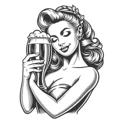 Wall Mural - attractive pin-up style women with beer glass mug evoking classic Americana vibes sketch engraving generative ai fictional character vector illustration. Scratch board imitation. Black and white image