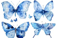 A Set Of Four Blue Butterflies Painted In Watercolor. Perfect For Nature-themed Designs