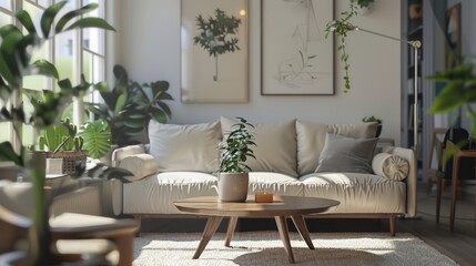 Poster - A cozy living room filled with furniture and plants. Perfect for home decor and interior design concepts