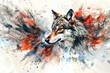 A painting of a wolf with vibrant red and blue paint splatters. Suitable for artistic projects or wildlife themes