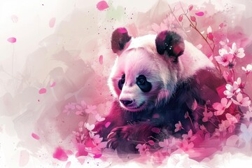 Wall Mural - A painting of a panda bear surrounded by flowers. Perfect for nature lovers